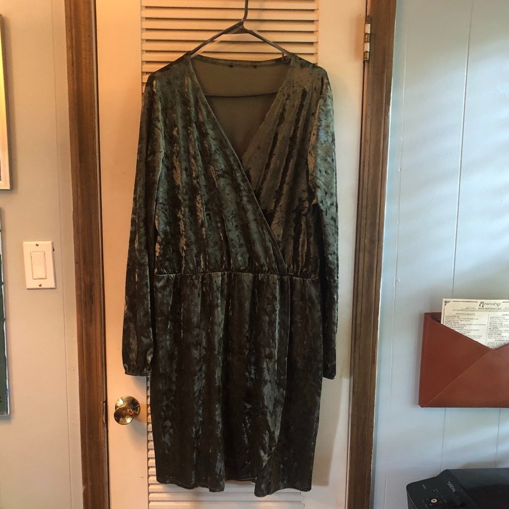 Green Crushed Velvet Wrap-Style Dress
